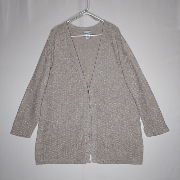 Catherines Cardigan 22/24 Relaxed Beige Metallic Textured Knit Hook-Eye V-Neck - Picture 1 of 8